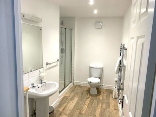 Modern bathroom with a shower, toilet, sink, and wooden flooring.